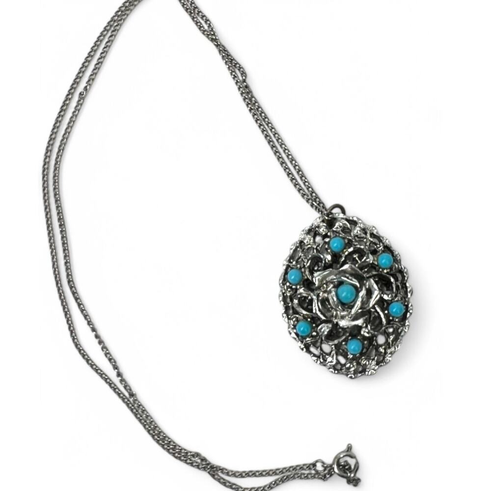 Vintage 60's Pewter l Filigree Oval Pendant Aqua Turquoise & 24" Chain Lacey